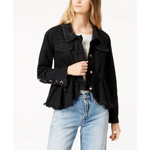 Free People Jackets & Blazers - Free People Black Denim Peplum Jacket Sz S Lace-Up Sleeve Boho Grunge y2K